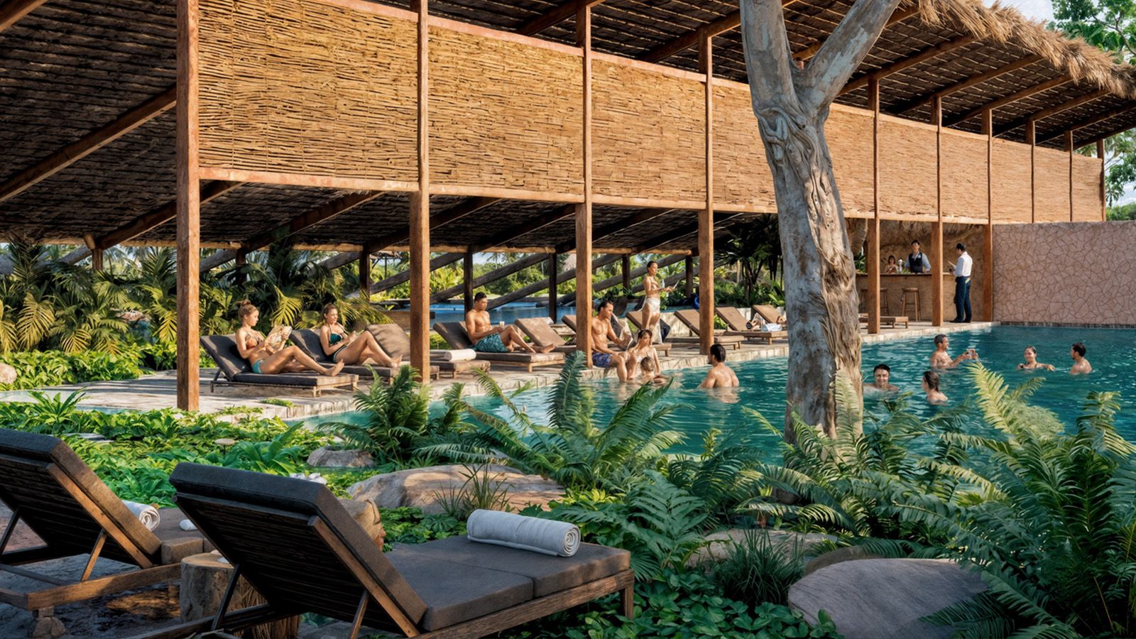 Alberca rodeada de vegetación bajo una palapa de madera con vista al mar