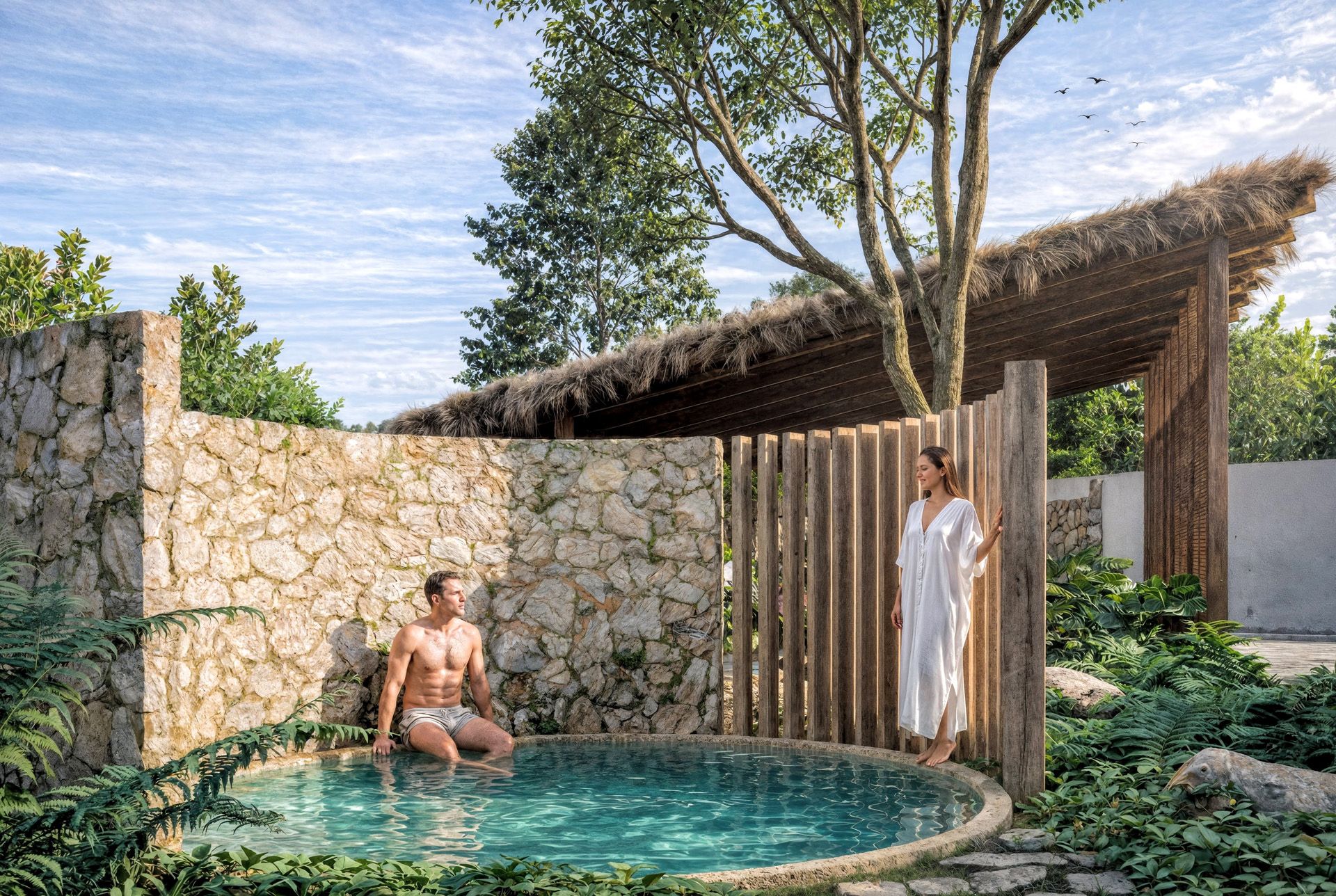 Jacuzzi al aire libre rodeado de vegetación