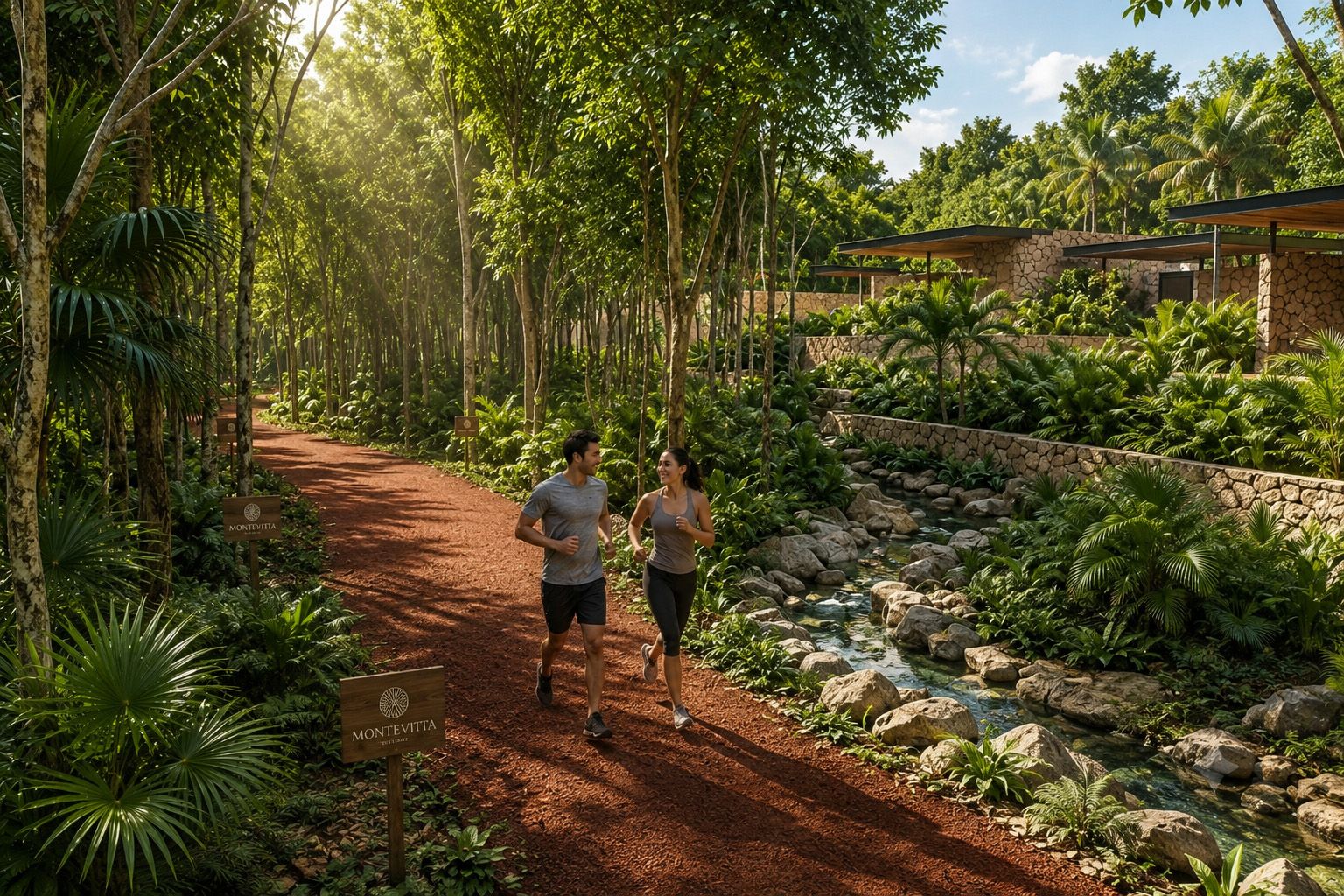 Pista de jogging entre la vegetación del desarrollo