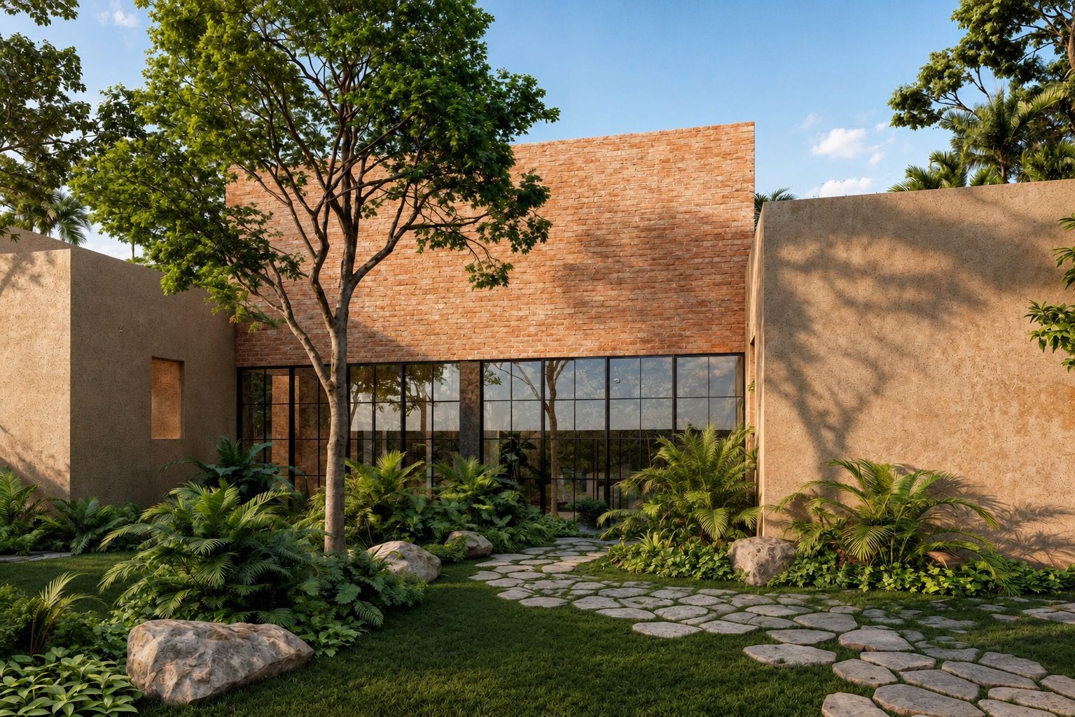 Fachada de la Residencia Stella con muros de barro y jardín tropical