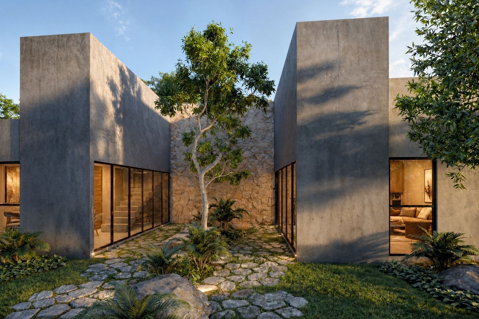 Fachada de la Residencia Sabbia con volúmenes de concreto y vegetación