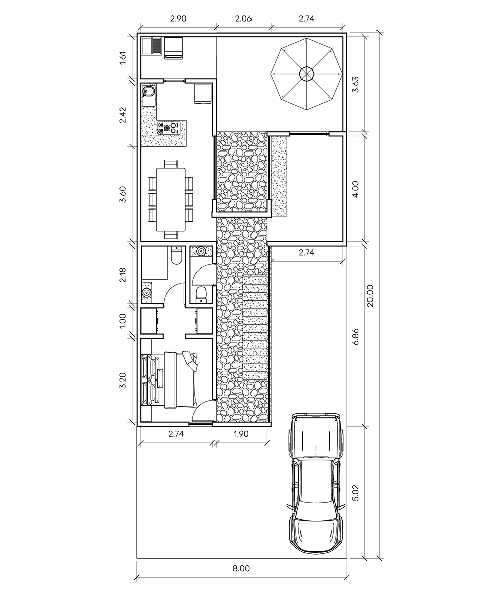 Plano arquitectónico de la planta baja de la Residencia Sabbia