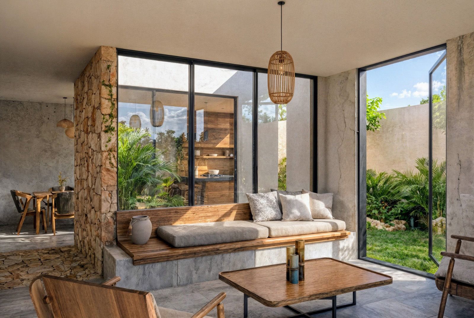 Sala con ventanales de piso a techo abiertos hacia la selva tropical