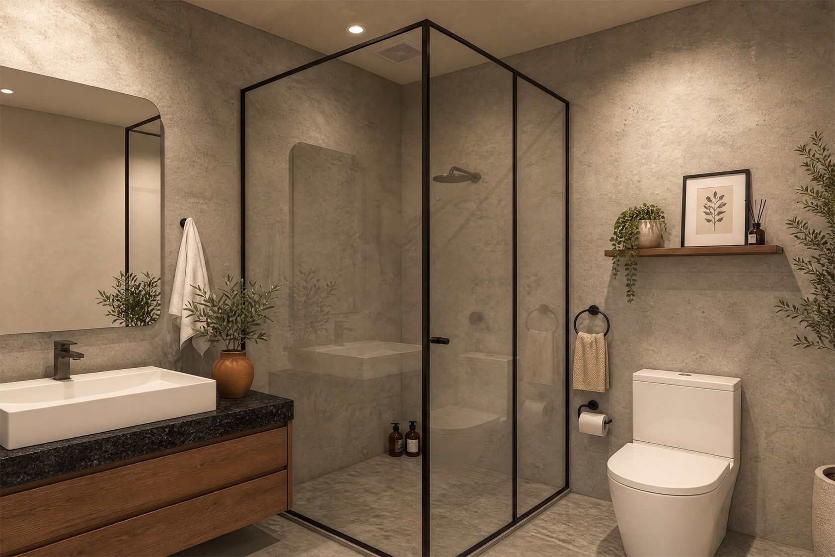 Baño con cancel de cristal templado y superficies de microcemento