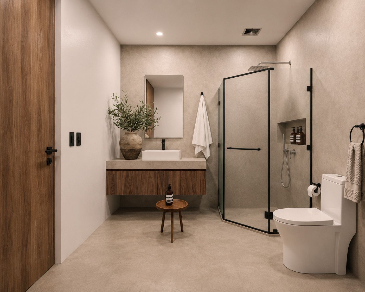 Baño con cancel de cristal templado y superficies de microcemento