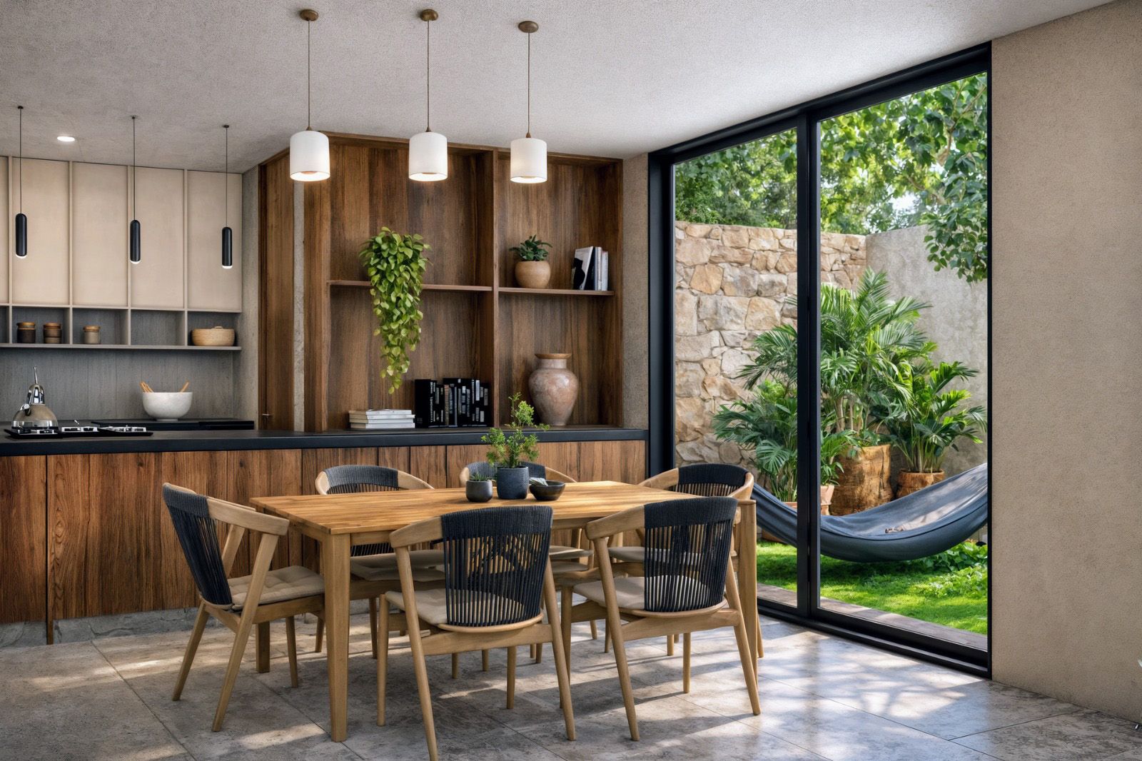 Cocina con cubiertas de microcemento y acabados en madera